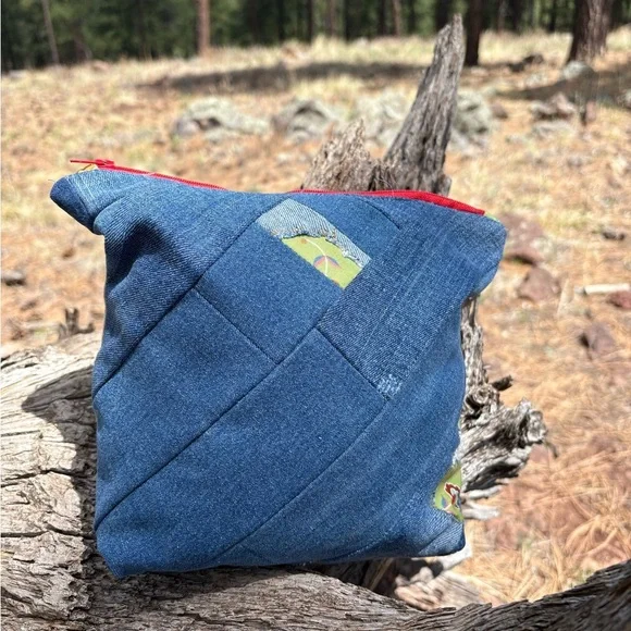 Hand Crafted Red and Pink Cosmetic Bag with Unique Patchwork Design - Picture 6 of 9